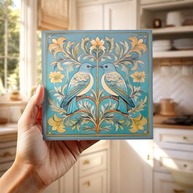Elegant Art Nouveau Birds Pat#23 Teal Peach ID1078 Ceramic Tile (Creator Uploaded)