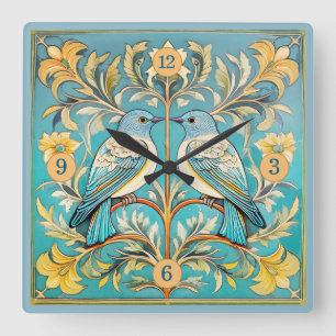 Elegant Art Nouveau Birds Pat#23 Teal Peach ID1078 Square Wall Clock