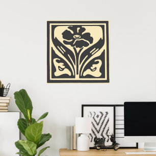 Elegant Art Nouveau Black Beige Flower Poster