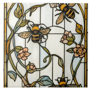 Elegant art nouveau botanical  bee stain glass ceramic tile