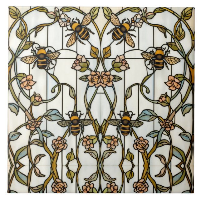 Elegant art nouveau botanical  bee stain glass ceramic tile (Front)