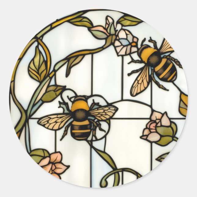 Elegant art nouveau botanical  bee stain glass classic round sticker (Front)