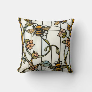 Elegant art nouveau botanical  bee stain glass cushion