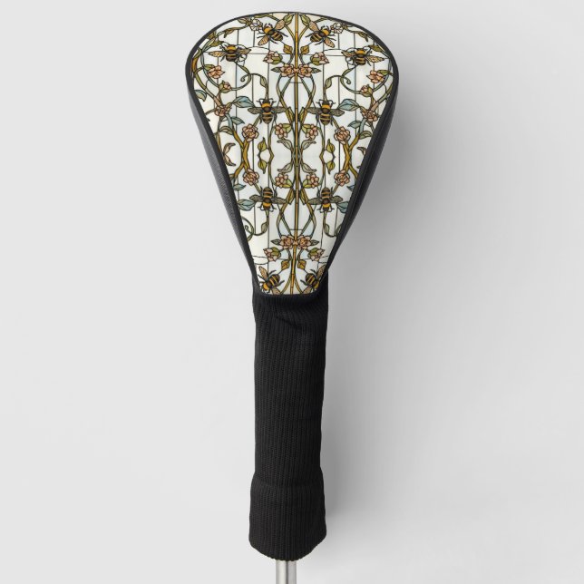 Elegant art nouveau botanical  bee stain glass golf head cover (Front)