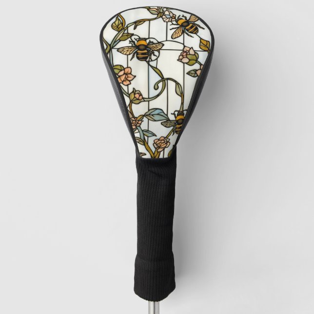 Elegant art nouveau botanical  bee stain glass golf head cover (Front)