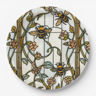Elegant art nouveau botanical bee stain glass paper plate