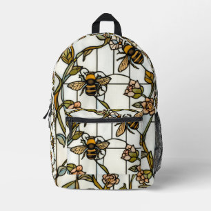 Elegant art nouveau botanical bee stain glass printed backpack