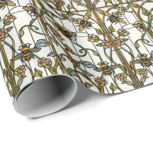 Elegant art nouveau botanical  bee stain glass wrapping paper