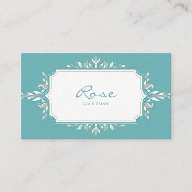 Elegant Art Nouveau Botanical Teal & Taupe Business Card (Front)
