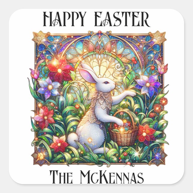 Elegant Art Nouveau Bunny Garden Easter Square Sticker (Front)