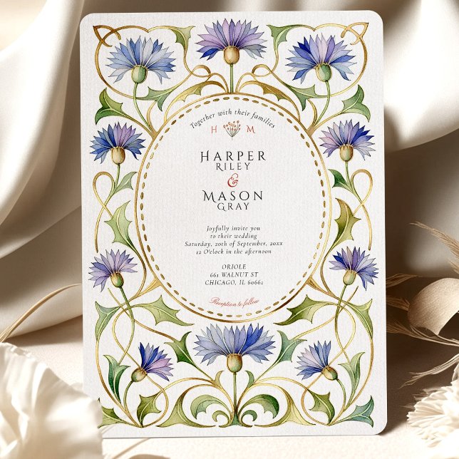 Elegant Art Nouveau Cornflower Gold Wedding Invitation (Creator Uploaded)