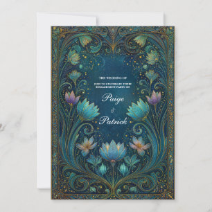 Elegant Art Nouveau Cyan Lotus Floral Wedding Invitation