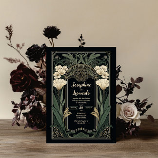 Elegant Art Nouveau Dark Floral Wedding Invitation