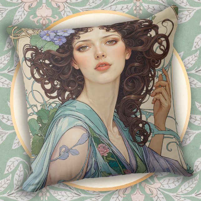 Elegant Art Nouveau Dark Haired Woman Cushion (Creator Uploaded)