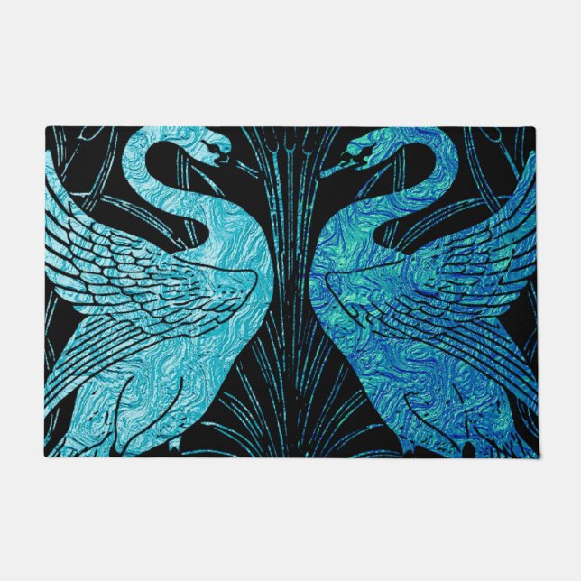 elegant art nouveau design, metallic teal & black, doormat (Front)