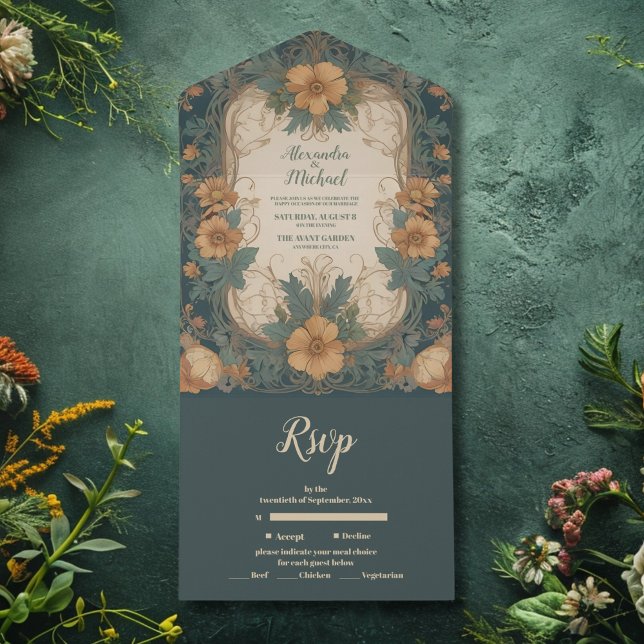 Elegant Art Nouveau Floral Wedding  All In One Invitation (Creator Uploaded)