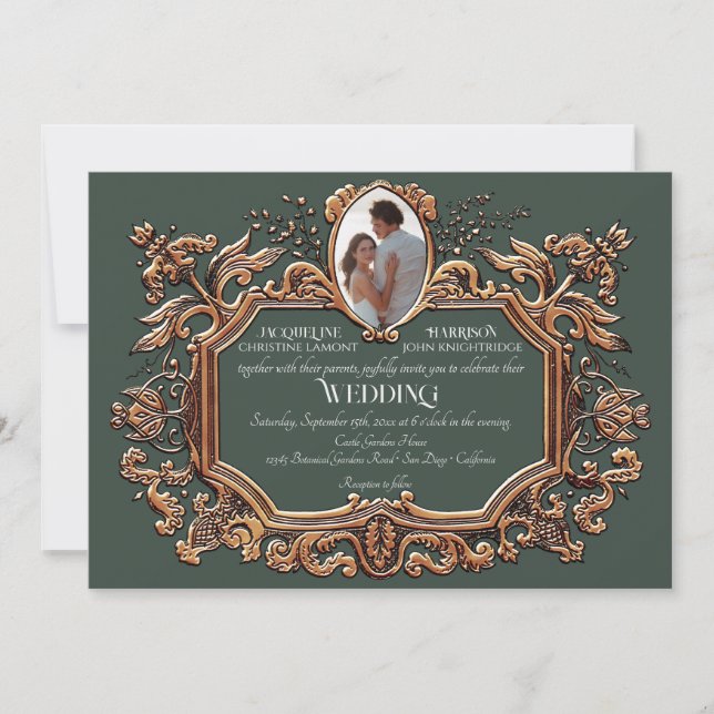Elegant Art Nouveau Gold and Green Photo Wedding Invitation (Front)