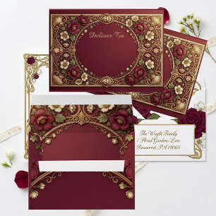 Elegant Art Nouveau Gold Burgundy Florals Wedding Envelope