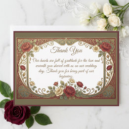 Elegant Art Nouveau Gold Burgundy Florals Wedding Thank You Card