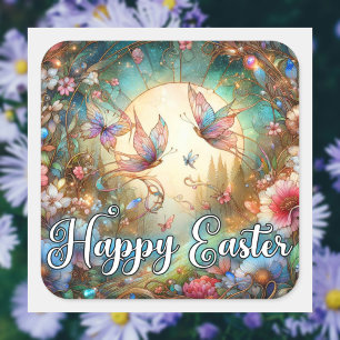 Elegant Art Nouveau Happy Easter Butterflies Square Sticker