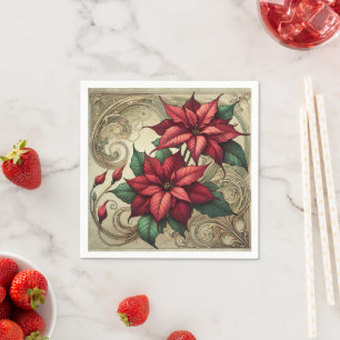 Elegant Art Nouveau Holiday Poinsettia Découpage Napkin