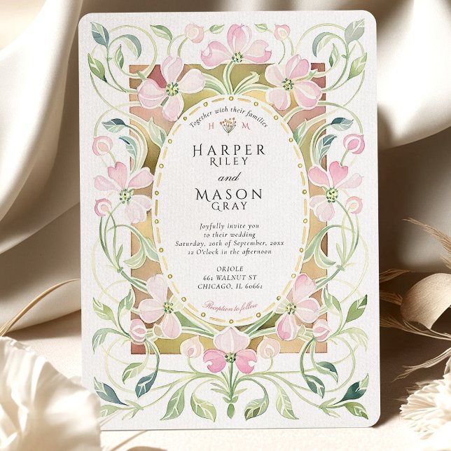 Elegant Art Nouveau Pink Floral Gold Frame Wedding Invitation (Creator Uploaded)