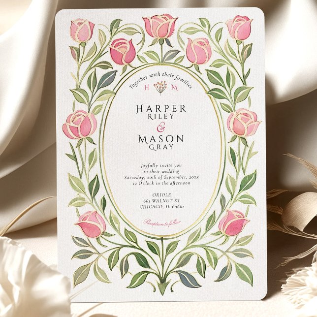Elegant Art Nouveau Pink Rose Floral Wedding Invitation (Creator Uploaded)