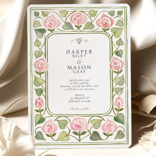 Elegant Art Nouveau Pink Rose Garden Wedding Invitation
