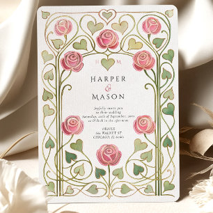 Elegant Art Nouveau Pink Rose Garden Wedding Invitation