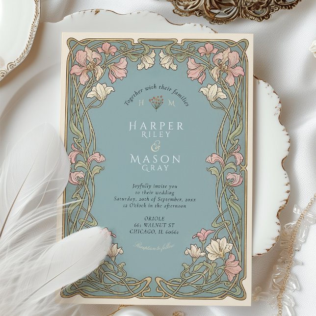 Elegant Art Nouveau Pinnk Lily Wedding Invitation (Creator Uploaded)