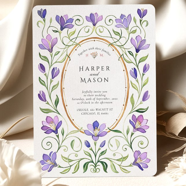 Elegant Art Nouveau Purple Freesias Wedding Invitation (Creator Uploaded)