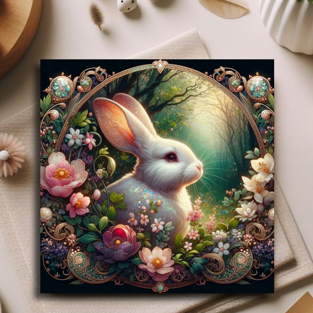 Elegant Art Nouveau Rabbit Floral Woodland Easter Holiday Card (Creator Uploaded)