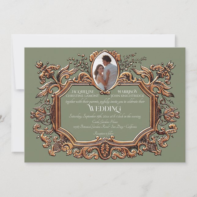 Elegant Art Nouveau Rococo Gold Sage Photo Wedding Invitation (Front)