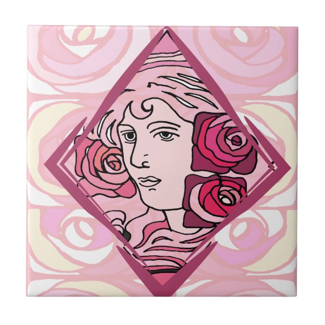 Elegant Art Nouveau Rose Woman Tile (Front)