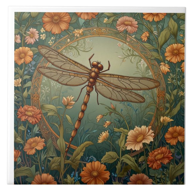 Elegant Art Nouveau Spring green Dragonfly Ceramic Tile (Front)