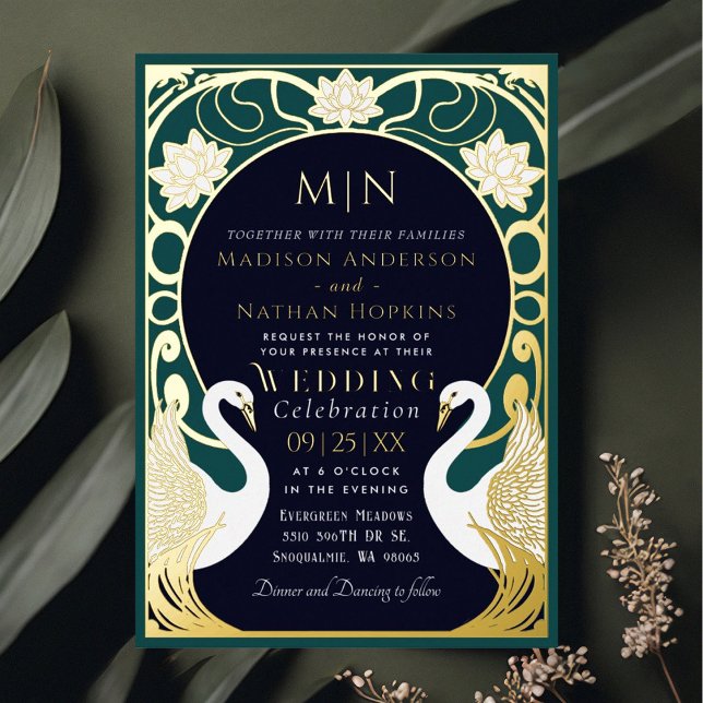 Elegant Art Nouveau Swans Wedding Invitation (Creator Uploaded)