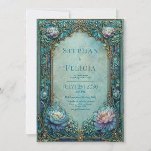 Elegant Art Nouveau Teal Floral Arched Wedding Invitation