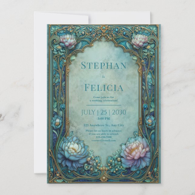 Elegant Art Nouveau Teal Floral Arched Wedding Invitation (Front)
