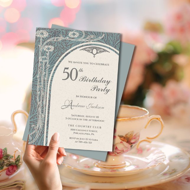 Elegant Art Nouveau Teal & Silver Floral Birthday Invitation (Elegant Art Nouveau Teal & Silver Floral Birthday Invitation)