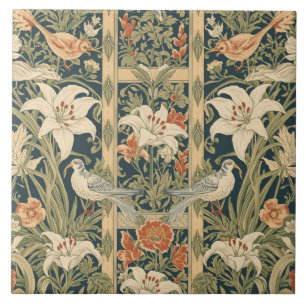 Elegant Art Nouveau Vintage Botanical Bird Lily Ceramic Tile