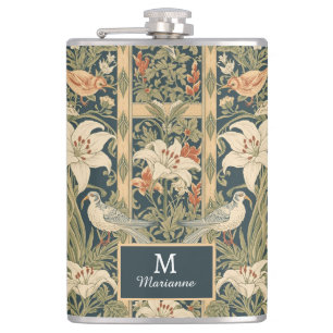 Elegant Art Nouveau Vintage Botanical Bird Lily Hip Flask