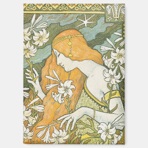 Elegant Art Nouveau Woman White Lily Illustration Magnet