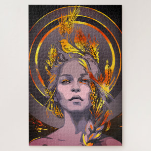 Elegant Art Print with Golden Wheat and Bird Jigsaw Puzzle