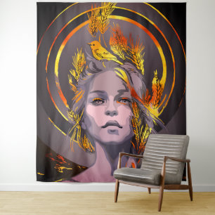 Elegant Art Print with Golden Wheat and Bird Tapestry