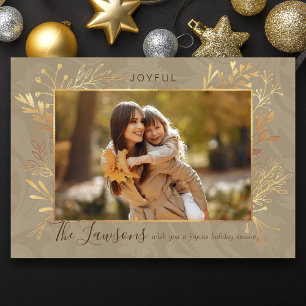 Elegant Artisan Gold Leaves Photo Tri-Fold Holiday Card