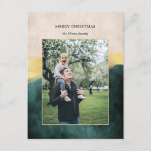 Elegant Artisan Green w/Gold Brush Stroke Photo Holiday Postcard