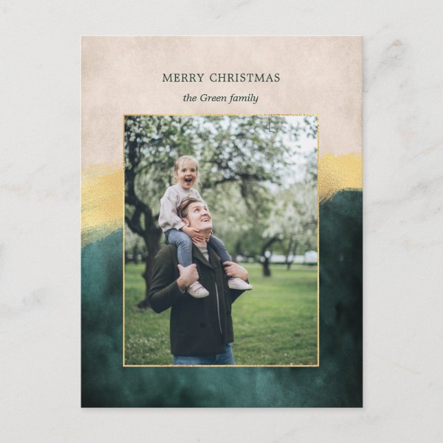 Elegant Artisan Green w/Gold Brush Stroke Photo Holiday Postcard (Front)