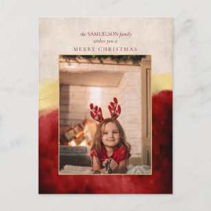 Elegant Artisan Red w/Gold Brush Stroke Photo Holiday Postcard