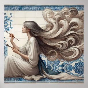 Elegant Artist Woman – Blue Tile Art Illustration Poster