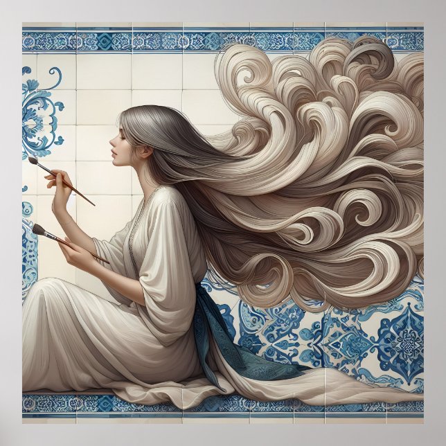 Elegant Artist Woman – Blue Tile Art Illustration Poster (Front)